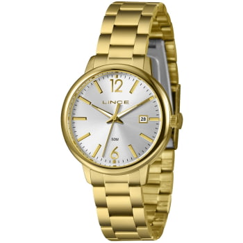 Relógio Lince Feminino Dourado Visor Prateado com Calendário Á Prova d'água LRGH193L36
