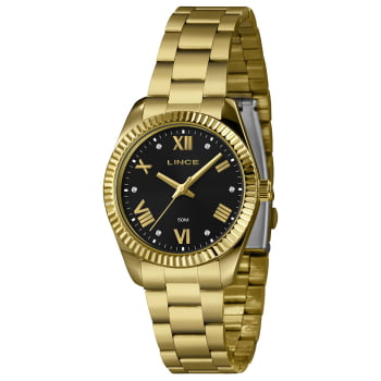 Relógio Lince Feminino Dourado Visor Preto com Cristais e Algarismos Romanos Á prova d água LRGJ170L36 Relógio Lince Feminino Dourado Visor Preto com Cristais e Algarismos Romanos Á prova d água LRGJ170L36