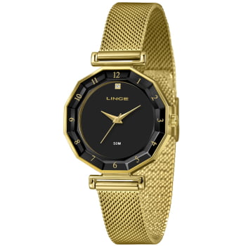 Relógio Lince Feminino Dourado Visor Preto Minimalista com Numeração Completa  Pulseira Milanesa Á Prova d'água LRG4834L34