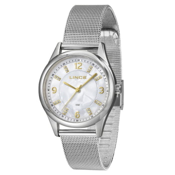 Relógio Lince Feminino Prateado Visor Madrepérola Com Cristais Pulseira Milanesa á Prova D'água LRMJ178L36