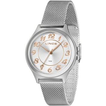 Relógio Lince Feminino Prateado Visor Prata Numeração Completa Pulseira Milanesa á Prova D'água LRMM030L38