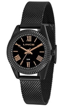 Relógio Lince Feminino Preto Visor Preto com Algarismo Romano Caixa Serrilhada Pulseira Milanesa Pequeno Á Prova D'água LRN4501L