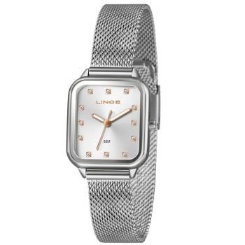 Relógio Lince Feminino Quadrado Prateado Visor Prata com Cristais Pulseira Milanesa LQMH253L26