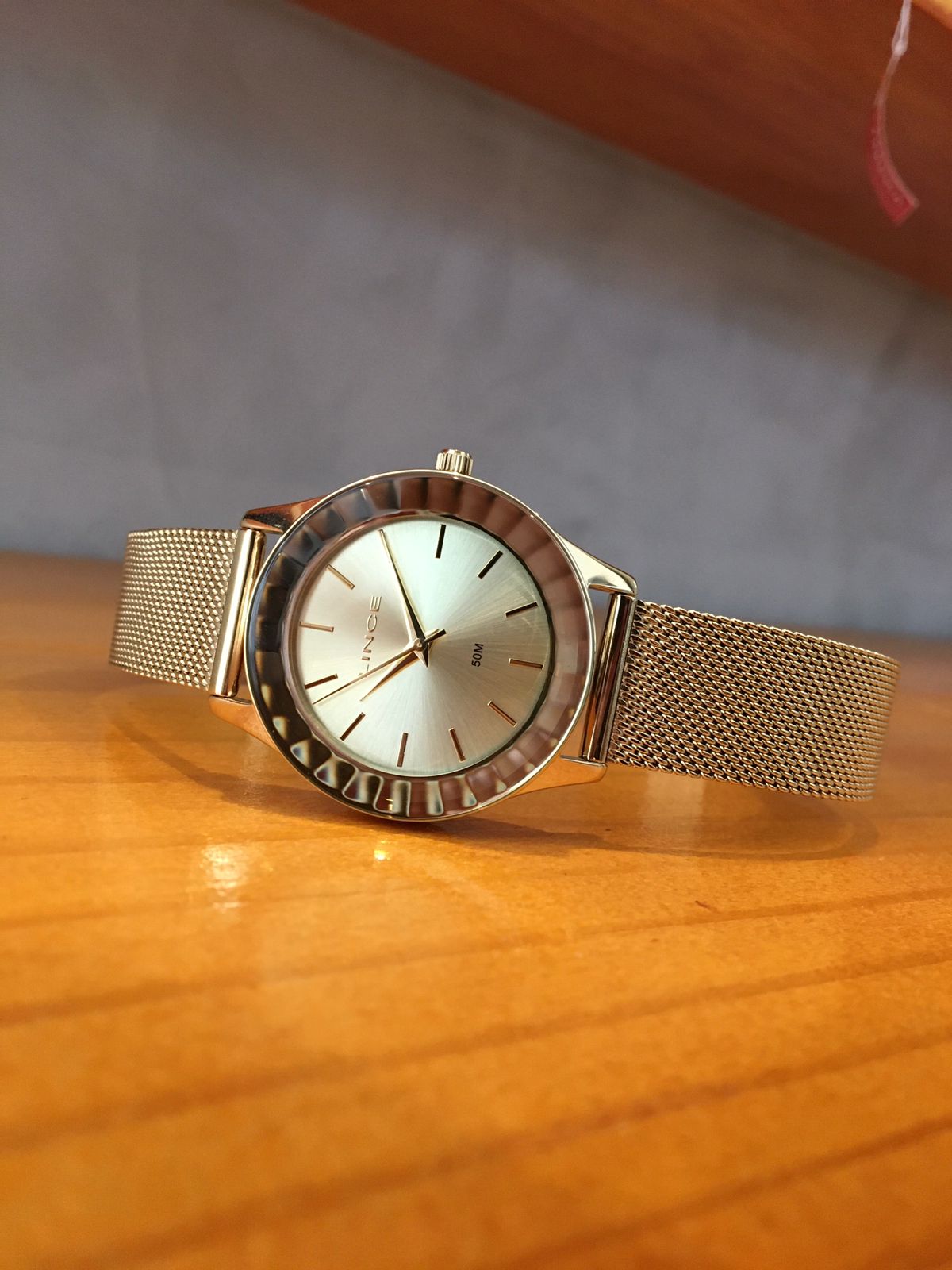 Relógio Lince Feminino Rosé com vidro facetado e Pulseira Milanesa Espelhado LRR4670L