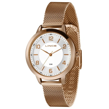 Relógio Lince Feminino Rose Visor Branco Texturizado com Pulseira Milanesa Á Prova d'água LRR4747L38