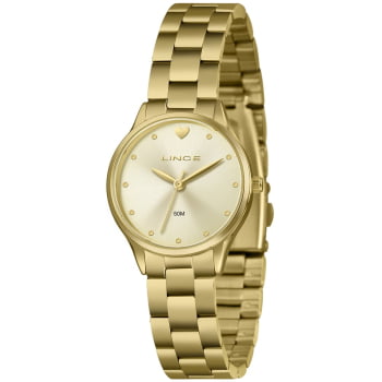 Relógio Lince Funny Feminino Dourado Visor Champanhe Minimalista Com Detalhe De Coração Á Prova d'água LRGH291L30
