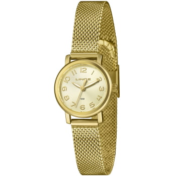 Relógio Lince Mini Feminino Dourado Visor Champanhe com Numeração Completa Pulseira Milanesa Á Prova d'água LRGH272L25