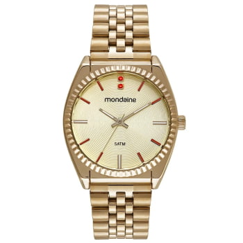 Relógio Mondaine Feminino Dourado serrilhado com Visor Texturizado Cristais Á Prova d'água 32580LPMVDE1