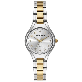 Relógio Mondaine Feminino Bicolor Dourado e Prateado Clássico Pequeno com Cristais Visor Prateado Á Prova d'água 32528LPMVBE2