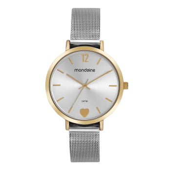 Relógio Mondaine Feminino Bicolor Prateado e Dourado Malha de Aço Coração A Prova d'água 32848LPMVBE1