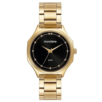 Relógio Mondaine Feminino Caixa Facetada Dourado com Visor Preto á Prova D'água 32477LPMVDE2