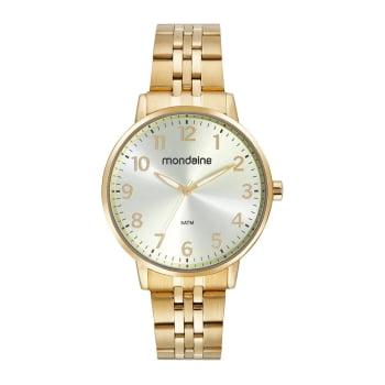 Relógio Mondaine Casual Dourado Visor Champanhe Numeração Completa á Prova D'água 32662LPMVDE1