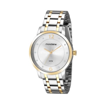 Relógio Mondaine Feminino Prateado e Dourado Visor Minimalista com Cristais Á Prova d'água 99579LPMVBE2