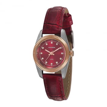 Relógio Mondaine Feminino prateado com Pulseira de Couro vermelha a prova D'água 99346LPMEGR1