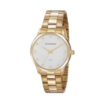 Relógio Mondaine Feminino Dourado Visor Branco com Corações Á Prova d'água 32111LPMVDE1