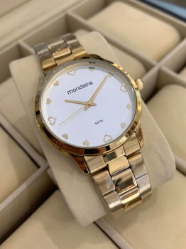 Relógio Mondaine Feminino Dourado Visor Branco com Corações Á Prova d'água 32111LPMVDE1