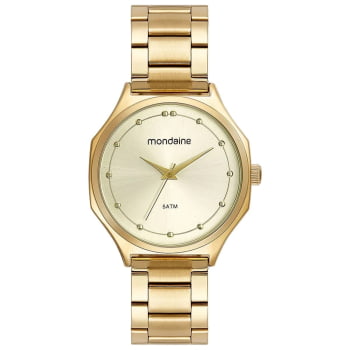 Relógio Mondaine Feminino Dourado Visor Champanhe Minimalista Caixa Facetada Á Prova D'água 32477LPMVDE1