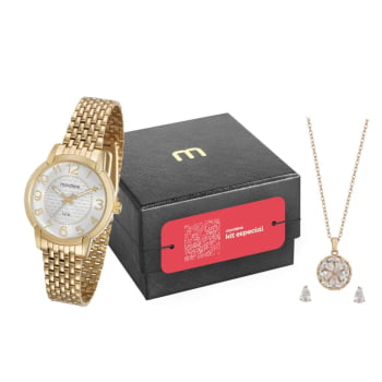 Kit Relógio Mondaine Feminino Dourado com Visor Prateado Á Prova d'água 53570LPMVDE1