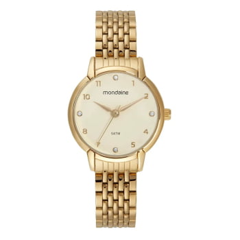 Relógio Mondaine Feminino Dourado Clássico Visor Champanhe com Cristais Á Prova d'água 32705LPMVDE1
