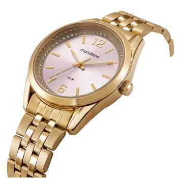 Relógio Mondaine Feminino Dourado Clássico Visor Rosa com Cristais Á Prova d'água 99872LPMVDE1