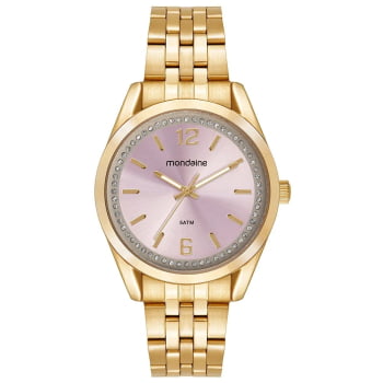 Relógio Mondaine Feminino Dourado Clássico Visor Rosa com Cristais Á Prova d'água 99872LPMVDE1 Relógio Mondaine Feminino Dourado Clássico Visor Rosa com Cristais Á Prova d'água 99872LPMVDE1