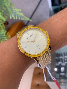 Relógio Mondaine Feminino Dourado com Glitter no Visor Minimalista Á Prova d'água 53815LPMVDE1