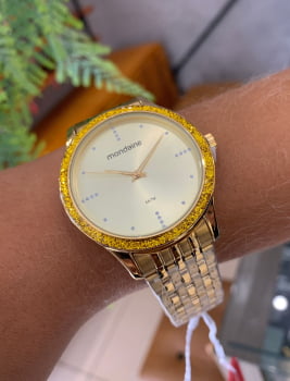 Relógio Mondaine Feminino Dourado com Glitter no Visor Minimalista Á Prova d'água 53815LPMVDE1