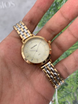 Relógio Mondaine Feminino prateado e Dourado com Pulseira Bicolor a prova d´água 53864LPMVBE1