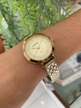 Relógio Mondaine Feminino prateado e Dourado com Pulseira Bicolor a prova d´água 53864LPMVBE1