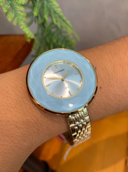 Relógio Mondaine Feminino Dourado azul Com Vidro Facetado A prova D'água 99054LPMVDE7