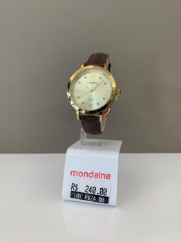 Relógio Mondaine Feminino Dourado e pulseira em couro Marrom Visor Champanhe com Cristais A prova D'água 99757LPMVDH3