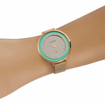 Relógio Mondaine Feminino Dourado azul Espelhado com pulseira Milanesa A prova d'água 76749LPMVDE1