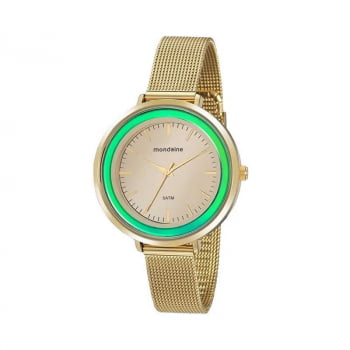 Relógio Mondaine Feminino Dourado azul Espelhado com pulseira Milanesa A prova d'água 76749LPMVDE1