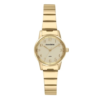 Relógio Mondaine Feminino Dourado Minimalista com Visor Branco Todo Numerado Á Prova D'água 32693LPMVDE1