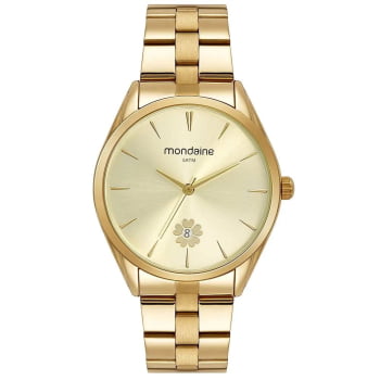 Relógio Mondaine Feminino Dourado Minimalista Visor Champanhe com Trevo e Calendário Á Prova d'água 32478LPMVDE1