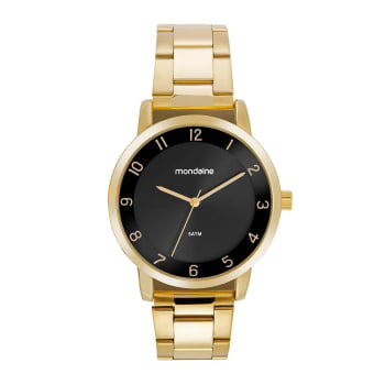 Relógio Mondaine Feminino Dourado Minimalista Visor Preto Aro 3D Todo Numerado Á Prova d'água 99730LPMVDE2
