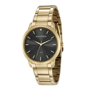 Relógio Mondaine Feminino Dourado Minimalista Visor Preto com Cristais Á Prova d'água 53616LPMVDE1