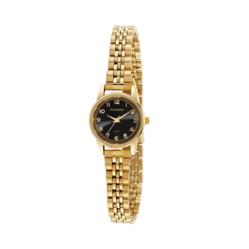 Relógio Mondaine Feminino Dourado Pequeno Clássico com visor Preto Numeração completa Á Prova d'água 32425LPMVDE1