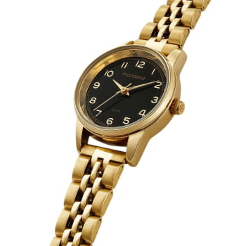 Relógio Mondaine Feminino Dourado Pequeno Clássico com visor Preto Numeração completa Á Prova d'água 32425LPMVDE1