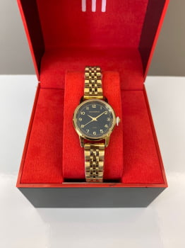 Relógio Mondaine Feminino Dourado Todo Numerado com Visor Preto Pequeno Á Prova d'água 32425LPMVDE1