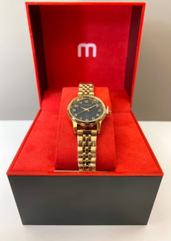 Relógio Mondaine Feminino Dourado Todo Numerado com Visor Preto Pequeno Á Prova d'água 32425LPMVDE1