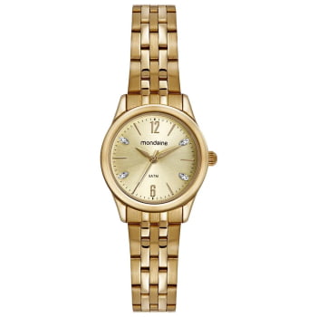 Relógio Mondaine Feminino Dourado Pequeno Visor Champanhe com Cristais Á Prova d'água 32587LPMVDE1