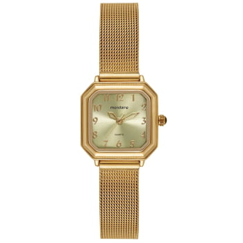 Relógio Mondaine Feminino Dourado Quadrado Visor Champagne Todo Numerado Pulseira Milanese 32982LPMVDE1