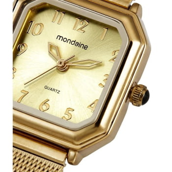 Relógio Mondaine Feminino Dourado Quadrado Visor Champagne Todo Numerado Pulseira Milanese 32982LPMVDE1