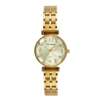 Relógio Mondaine Feminino Dourado Vidro Facetado Visor Champanhe com Cristais Á Prova d'água 32773LPMVDE1