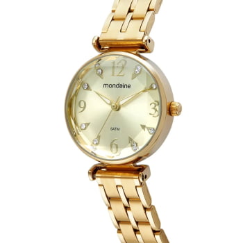 Relógio Mondaine Feminino Dourado Vidro Facetado Visor Champanhe com Cristais Á Prova d'água 32773LPMVDE1