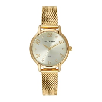 Relógio Mondaine Feminino Dourado Visor Champagne Com Cristais Pulseira Milanese Á Prova d'água 32702LPMVDE1