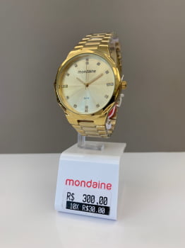  Relógio Mondaine Feminino Dourado Visor Champanhe com Cristais Á Prova d'água 32450LPMVDE1