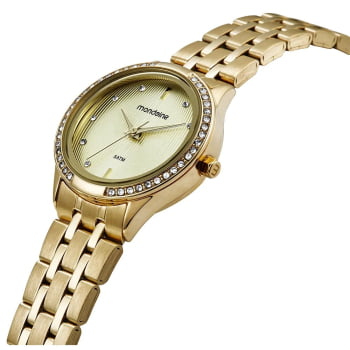 Relógio Mondaine Feminino Dourado Visor Champanhe Texturizado com Cristais Á Prova d'água 32858LPMVDE1