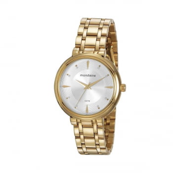 Relógio Mondaine Feminino Dourado Visor Prateado com Cristais Á Prova d'água 76758LPMVDE1
